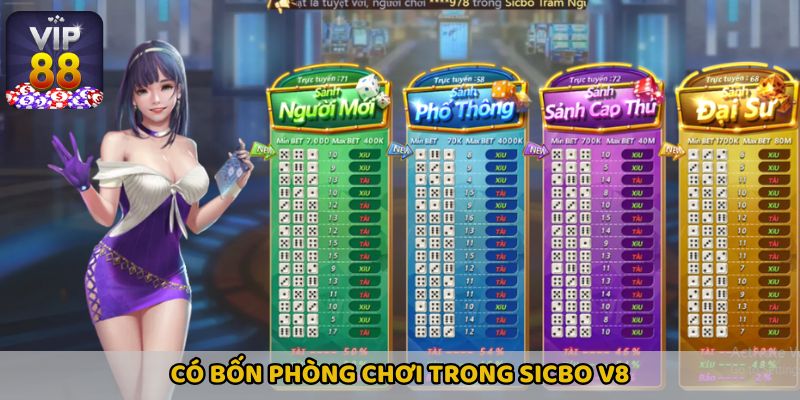 Có bốn phòng chơi với mức kèo đa dạng trong Sicbo V8